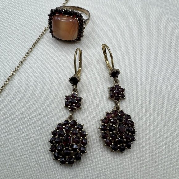 Stunning VTG Sterling Silver Garnet & Agate Set Necklace Earrings Ring Circa 50s - Picture 12 of 16